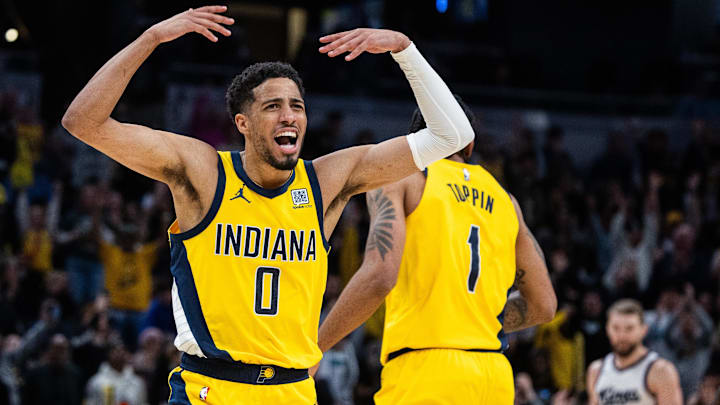 Mar 31, 2025; Indianapolis, Indiana, USA; Indiana Pacers guard Tyrese Haliburton (0) celebrates the game winning basket in the second half against the Sacramento Kings at Gainbridge Fieldhouse. Mandatory Credit: Trevor Ruszkowski-Imagn Images