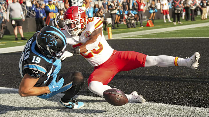 Nov 24, 2024; Charlotte, North Carolina, USA; Carolina Panthers wide receiver Adam Thielen (19) can’t hold onto the ball defended by Kansas City Chiefs safety Justin Reid (20) who draws the personal foul during the second half at Bank of America Stadium. Mandatory Credit: Jim Dedmon-Imagn Images Nov 24, 2024; Charlotte, North Carolina, USA; Carolina Panthers wide receiver Adam Thielen (19) can’t hold onto the ball defended by Kansas City Chiefs safety Justin Reid (20) who draws the personal foul during the second half at Bank of America Stadium. Mandatory Credit: Jim Dedmon-Imagn Images