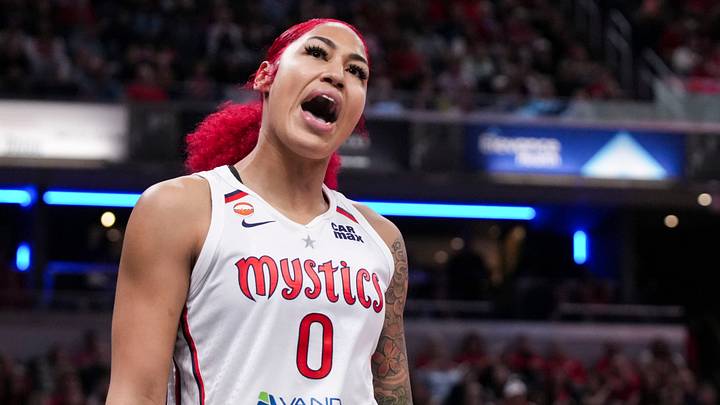 Washington Mystics center Shakira Austin (0) celebrates Friday, May 15, 2026, during the second half of a game at Gainbridge Fieldhouse in Indianapolis. The Washington Mystics defeated the Indiana Fever in overtime, 104-102. Washington Mystics center Shakira Austin (0) celebrates Friday, May 15, 2026, during the second half of a game at Gainbridge Fieldhouse in Indianapolis. The Washington Mystics defeated the Indiana Fever in overtime, 104-102.