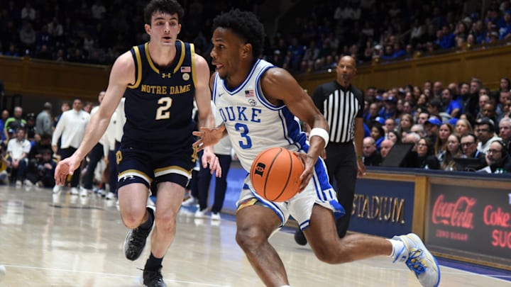 Feb 7, 2024; Durham, North Carolina, USA;  Duke Blue Devils guard Jeremy Roach (3) drives to the