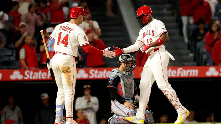 May 23, 2025; Anaheim, California, USA; Los Angeles Angels right fielder Jorge Soler (12) is greeted by designated hitter Logan O'Hoppe (14) after hitting a home run during the eighth inning against the Miami Marlins at Angel Stadium. Mandatory Credit: Kiyoshi Mio-Imagn Images May 23, 2025; Anaheim, California, USA; Los Angeles Angels right fielder Jorge Soler (12) is greeted by designated hitter Logan O'Hoppe (14) after hitting a home run during the eighth inning against the Miami Marlins at Angel Stadium. Mandatory Credit: Kiyoshi Mio-Imagn Images