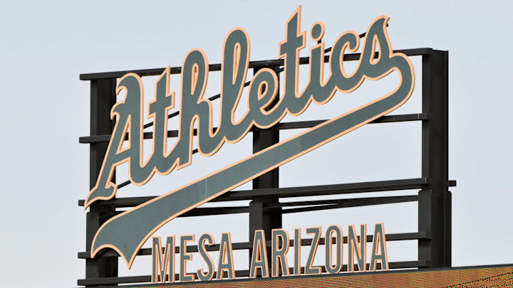 Feb 11, 2026; Mesa, AZ, USA;  General view of the scoreboard during an Athletics Spring Training workout at HoHhokum stadium. Mandatory Credit: Matt Kartozian-Imagn Images