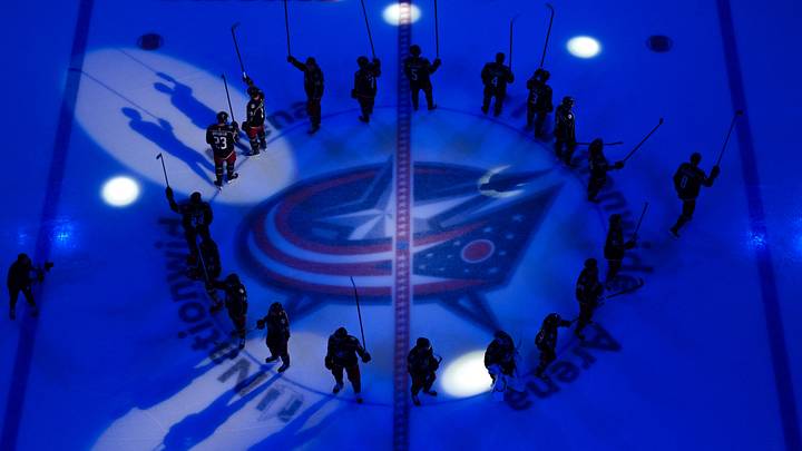 Oct 1, 2026; Columbus, Ohio, USA; The Columbus Blue Jackets acknowledge fans during player introductions before the game against the Buffalo Sabres at Nationwide Arena. Mandatory Credit: Aaron Doster-Imagn Images Oct 1, 2026; Columbus, Ohio, USA; The Columbus Blue Jackets acknowledge fans during player introductions before the game against the Buffalo Sabres at Nationwide Arena. Mandatory Credit: Aaron Doster-Imagn Images