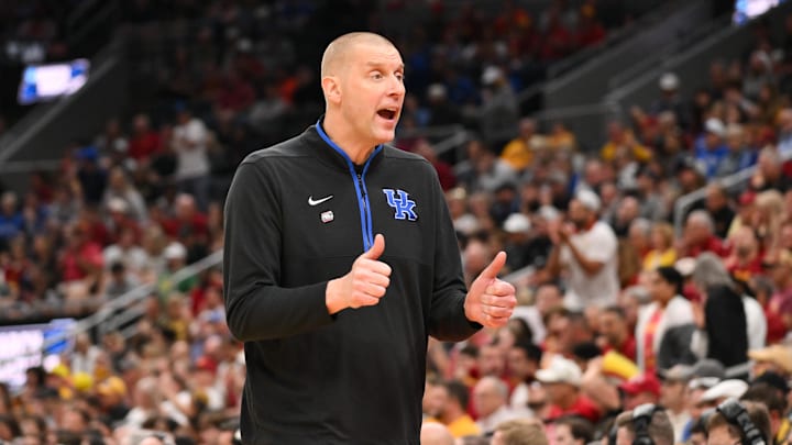 Mar 22, 2026; St. Louis, MO, USA; Kentucky Wildcats head coach Mark Pope reacts to a play during the first half against the Iowa State Cyclones during a second round game of the men's 2026 NCAA Tournament at Enterprise Center. Mandatory Credit: Jeff Curry-Imagn Images Mar 22, 2026; St. Louis, MO, USA; Kentucky Wildcats head coach Mark Pope reacts to a play during the first half against the Iowa State Cyclones during a second round game of the men's 2026 NCAA Tournament at Enterprise Center. Mandatory Credit: Jeff Curry-Imagn Images