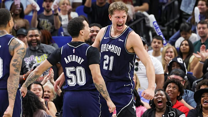 Apr 7, 2024; Orlando, Florida, USA; Orlando Magic center Moritz Wagner (21) reacts during the second half against the Chicago Bulls at KIA Center. 