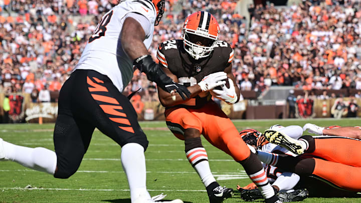 Oct 20, 2024; Cleveland, Ohio, USA; Cleveland Browns running back Nick Chubb (24) scores a touchdown during the first half against the Cincinnati Bengals at Huntington Bank Field. Mandatory Credit: Ken Blaze-Imagn Images