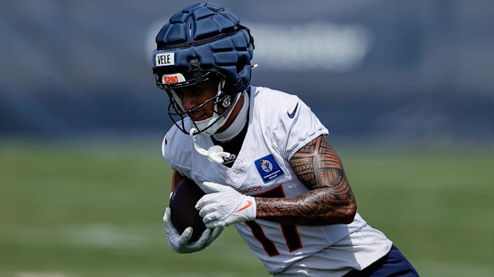 Jul 24, 2025; Englewood, CO, USA; Denver Broncos wide receiver Devaughn Vele (17) during Denver Broncos Training Camp. 