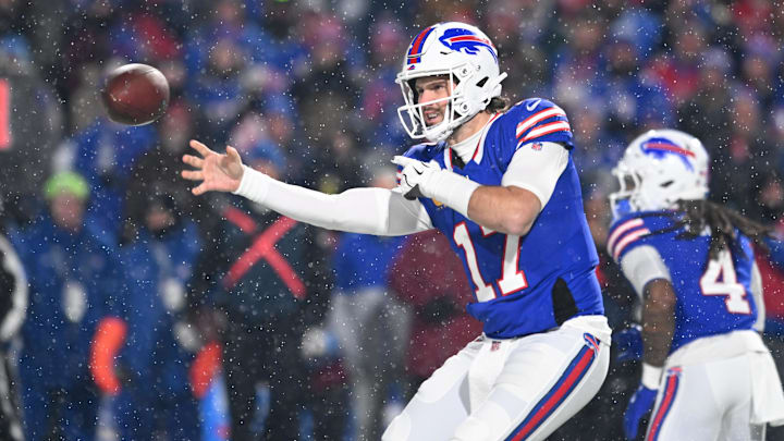 Dec 1, 2024; Orchard Park, New York, USA; Buffalo Bills quarterback Josh Allen (17) throws a pass in the first quarter against the San Francisco 49ers at Highmark Stadium. Mandatory Credit: Mark Konezny-Imagn Images Dec 1, 2024; Orchard Park, New York, USA; Buffalo Bills quarterback Josh Allen (17) throws a pass in the first quarter against the San Francisco 49ers at Highmark Stadium. Mandatory Credit: Mark Konezny-Imagn Images