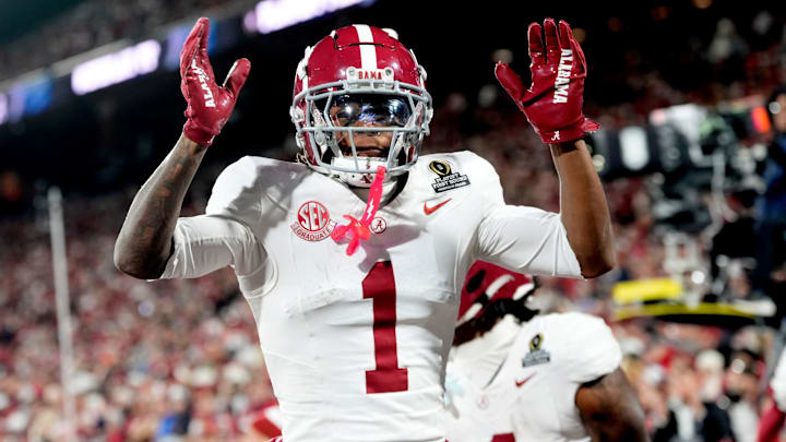 Alabama 's Isaiah Horton (1) celebrates an Alabama touchdown during the College Football Playoff game between the University of Oklahoma Sooners (OU) and the Alabama Crimson Tide at the Gaylord Family - Oklahoma Memorial Stadium in Norman, Okla., Friday Dec. 19, 2025. Alabama 's Isaiah Horton (1) celebrates an Alabama touchdown during the College Football Playoff game between the University of Oklahoma Sooners (OU) and the Alabama Crimson Tide at the Gaylord Family - Oklahoma Memorial Stadium in Norman, Okla., Friday Dec. 19, 2025.
