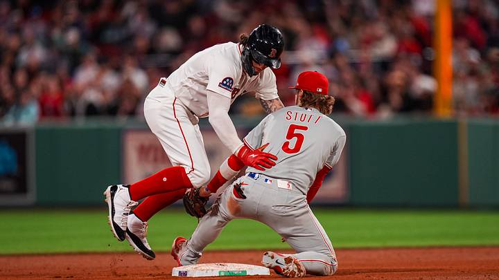 Boston Red Sox left fielder Jarren Duran safe at second base against Philadelphia Phillies second baseman Bryson Stott. Boston Red Sox left fielder Jarren Duran safe at second base against Philadelphia Phillies second baseman Bryson Stott.
