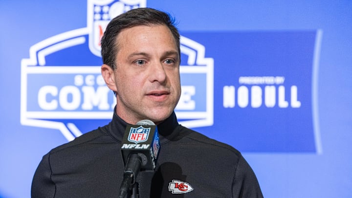 Feb 28, 2023; Indianapolis, IN, USA; Kansas City Chiefs general manager Brett Veach speaks to the press at the NFL Combine at Lucas Oil Stadium. Mandatory Credit: Trevor Ruszkowski-USA TODAY Sports