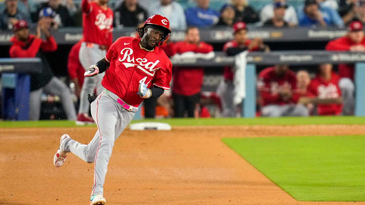 Cincinnati Reds shortstop Elly De La Cruz (44) rounds second on his way to score on a Tyler Stephenson double in the seventh inning of the MLB National League Wild Card Game 1 between the Los Angeles Dodgers and the Cincinnati Reds at Dodger Stadium in Los Angeles on Tuesday, Sept. 30, 2025. The Dodgers won game 1 of the series, 10-5.