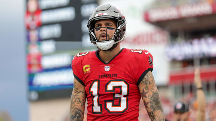 Dec 29, 2024; Tampa, Florida, USA; Tampa Bay Buccaneers wide receiver Mike Evans (13) celebrates after catching a pass for a two point conversion against the Carolina Panthers in the second quarter at Raymond James Stadium. Mandatory Credit: Nathan Ray Seebeck-Imagn Images