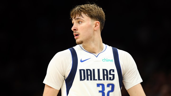 Apr 8, 2026; Phoenix, Arizona, USA; Dallas Mavericks forward Cooper Flagg (32) against the Phoenix Suns at Mortgage Matchup Center. Mandatory Credit: Mark J. Rebilas-Imagn Images