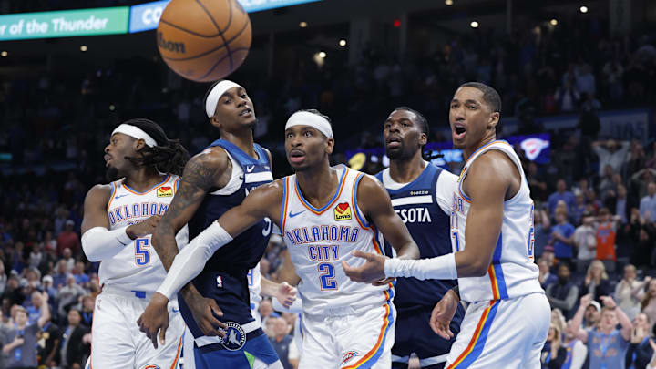 Feb 24, 2025; Oklahoma City, Oklahoma, USA; Oklahoma City Thunder guard Shai Gilgeous-Alexander (2) reacts after a play against the Minnesota Timberwolves during the second half at Paycom Center. Mandatory Credit: Alonzo Adams-Imagn Images Feb 24, 2025; Oklahoma City, Oklahoma, USA; Oklahoma City Thunder guard Shai Gilgeous-Alexander (2) reacts after a play against the Minnesota Timberwolves during the second half at Paycom Center. Mandatory Credit: Alonzo Adams-Imagn Images