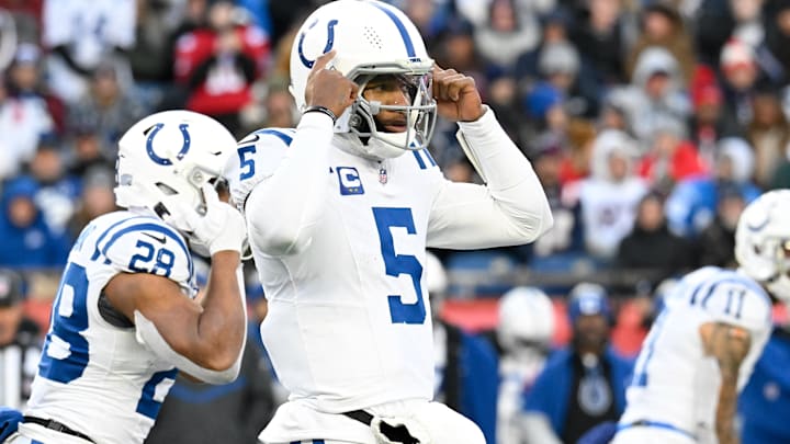 Dec 1, 2024; Foxborough, Massachusetts, USA; Indianapolis Colts quarterback Anthony Richardson (5) signals during the second half against the New England Patriots at Gillette Stadium. Mandatory Credit: Eric Canha-Imagn Images