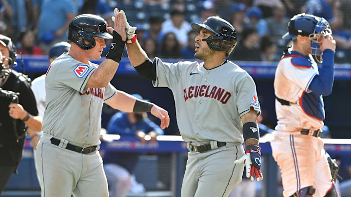 Aug 27, 2023; Toronto, Ontario, CAN;  Cleveland Guardians right fielder Ramon Laureano (10) is