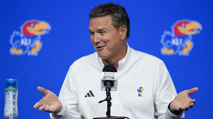 Oct 23, 2024; Kansas City, MO, USA; Kansas Jayhawks head coach Bill Self talks to media during the Big 12 Men’s Basketball Media Day at T-Mobile Center. Mandatory Credit: Jay Biggerstaff-Imagn Images Oct 23, 2024; Kansas City, MO, USA; Kansas Jayhawks head coach Bill Self talks to media during the Big 12 Men’s Basketball Media Day at T-Mobile Center. Mandatory Credit: Jay Biggerstaff-Imagn Images