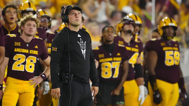Arizona State head coach Kenny Dillingham looks up at the scoreboard during a game against NAU at Mountain America Stadium in Tempe on Aug. 30, 2025.