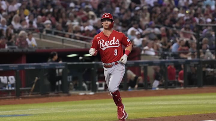 Aug 26, 2023; Phoenix, Arizona, USA; Cincinnati Reds second baseman Matt McLain (9) runs the bases after hitting a solo home run against the Arizona Diamondbacks during the sixth inning at Chase Field. Mandatory Credit: Joe Camporeale-Imagn Images Aug 26, 2023; Phoenix, Arizona, USA; Cincinnati Reds second baseman Matt McLain (9) runs the bases after hitting a solo home run against the Arizona Diamondbacks during the sixth inning at Chase Field. Mandatory Credit: Joe Camporeale-Imagn Images
