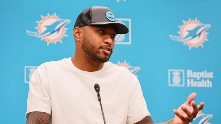 Jul 28, 2024; Miami Gardens, FL, USA; Miami Dolphins quarterback Tua Tagovailoa (1) talks to reporters during a press conference after training camp at Baptist Health Training Complex. Mandatory Credit: Sam Navarro-USA TODAY Sports