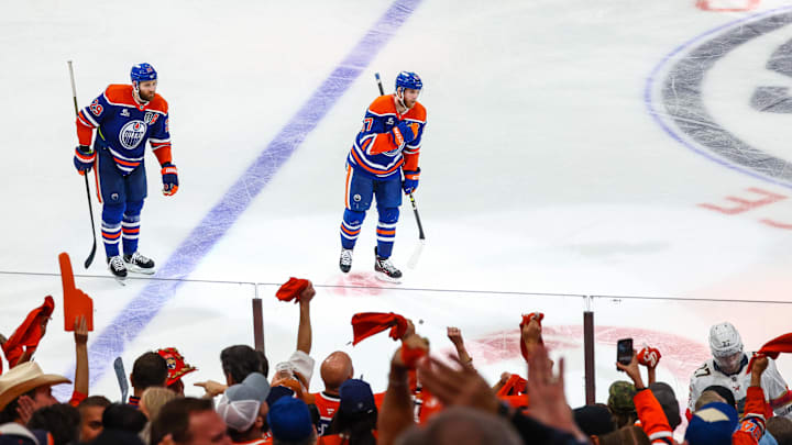 Jun 14, 2025; Edmonton, Alberta, CAN; Edmonton Oilers center Connor McDavid (97) celebrates his goal with teammates against the Florida Panthers during the third period in game five of the 2025 Stanley Cup Final at Rogers Place. Mandatory Credit: Sergei Belski-Imagn Images
