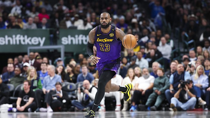 Jan 7, 2025; Dallas, Texas, USA; Los Angeles Lakers forward LeBron James (23) dribbles during the second half against the Dallas Mavericks at American Airlines Center. Mandatory Credit: Kevin Jairaj-Imagn Images Jan 7, 2025; Dallas, Texas, USA; Los Angeles Lakers forward LeBron James (23) dribbles during the second half against the Dallas Mavericks at American Airlines Center. Mandatory Credit: Kevin Jairaj-Imagn Images