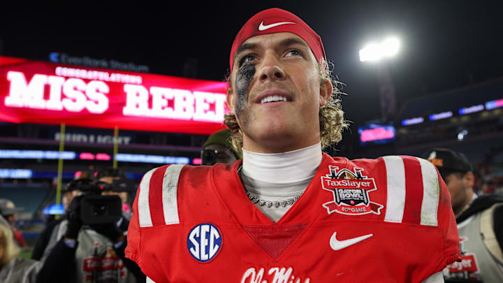 Jan 2, 2025; Jacksonville, FL, USA; Mississippi Rebels quarterback Jaxson Dart (2) celebrates after beating the Duke Blue Devils in the Gator Bowl at EverBank Stadium. Mandatory Credit: Nathan Ray Seebeck-Imagn Images Jan 2, 2025; Jacksonville, FL, USA; Mississippi Rebels quarterback Jaxson Dart (2) celebrates after beating the Duke Blue Devils in the Gator Bowl at EverBank Stadium. Mandatory Credit: Nathan Ray Seebeck-Imagn Images