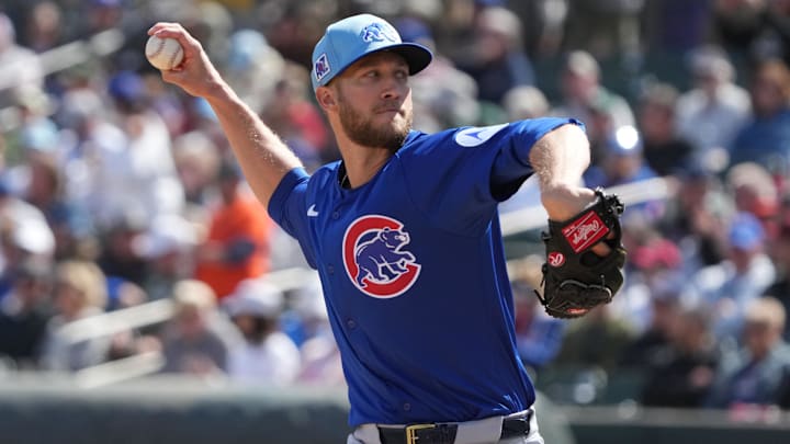 Mar 3, 2025; Salt River Pima-Maricopa, Arizona, USA; Chicago Cubs pitcher Caleb Kilian throws against the Arizona Diamondbacks in the first inning at Salt River Fields at Talking Stick. Mandatory Credit: Rick Scuteri-Imagn Images