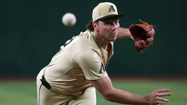 Sep 24, 2024; Phoenix, Arizona, USA; Arizona Diamondbacks pitcher Brandon Pfaadt (32) throws against the San Francisco Giants in the first inning at Chase Field. Mandatory Credit: Rick Scuteri-Imagn Images