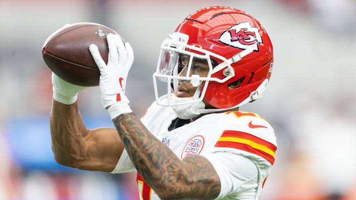 Aug 9, 2025; Glendale, Arizona, USA; Kansas City Chiefs cornerback Trent McDuffie (22) against the Arizona Cardinals during a preseason NFL game at State Farm Stadium. Mandatory Credit: Mark J. Rebilas-Imagn Images