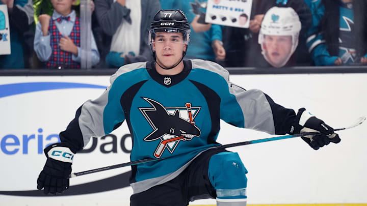 Oct 30, 2025; San Jose, California, USA;  San Jose Sharks center Michael Misa (77) warms up before the first period against the New Jersey Devils at SAP Center at San Jose. Mandatory Credit: David Gonzales-Imagn Images
