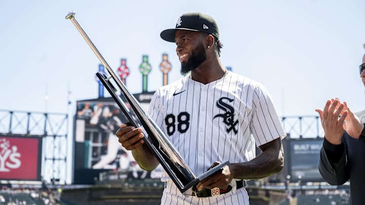 Apr 13, 2024; Chicago, Illinois, USA; Chicago White Sox Luis Robert Jr. (88) is presented the Silver Slugger Award prior to a game against the Cincinnati Reds at Guaranteed Rate Field. Mandatory Credit: Patrick Gorski-USA TODAY Sports