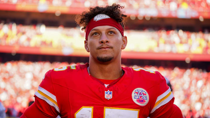 Nov 10, 2024; Kansas City, Missouri, USA; Kansas City Chiefs quarterback Patrick Mahomes (15) speaks to media  after the win over the Denver Broncos at GEHA Field at Arrowhead Stadium. Mandatory Credit: Denny Medley-Imagn Images