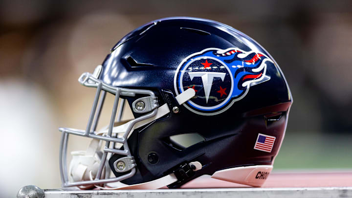Aug 25, 2024; New Orleans, Louisiana, USA;  Detailed view of the Tennessee Titans helmet against the New Orleans Saints during the first half at Caesars Superdome. Mandatory Credit: Stephen Lew-Imagn Images