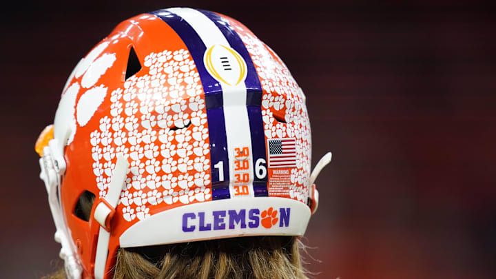 Jan 13, 2020; New Orleans, Louisiana, USA; View of the helmet stickers of Clemson Tigers quarterback Trevor Lawrence (16) before the College Football Playoff national championship game against the LSU Tigers at Mercedes-Benz Superdome. 