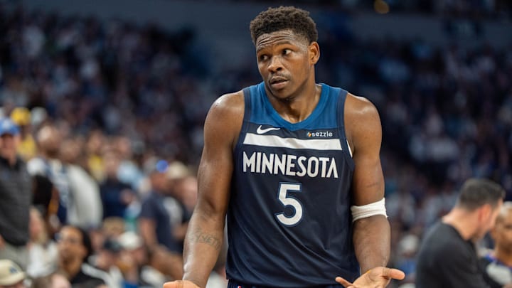 Apr 27, 2025; Minneapolis, Minnesota, USA; Minnesota Timberwolves guard Anthony Edwards (5) responds to the Los Angeles Lakers bench after a foul in the second quarter during game four of first round for the 2025 NBA Playoffs at Target Center. Mandatory Credit: Matt Blewett-Imagn Images Apr 27, 2025; Minneapolis, Minnesota, USA; Minnesota Timberwolves guard Anthony Edwards (5) responds to the Los Angeles Lakers bench after a foul in the second quarter during game four of first round for the 2025 NBA Playoffs at Target Center. Mandatory Credit: Matt Blewett-Imagn Images