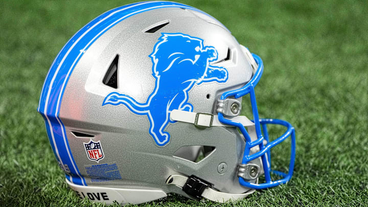 Helmet of Detroit Lions place kicker Jake Bates (not in the photo) before the NFC divisional round between Detroit Lions and Washington Commanders] at Ford Field in Detroit on Saturday, Jan. 18, 2025.