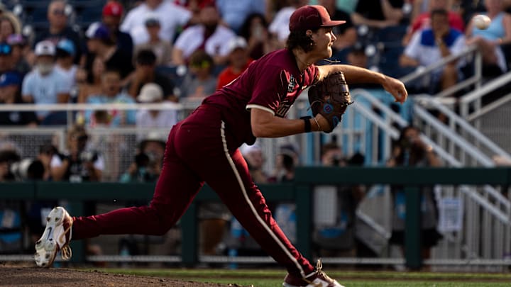 Jun 14, 2024; Omaha, NE, USA; Florida State Seminoles starting pitcher Jamie Arnold (16) pitches against the Tennessee Volunteers during the first inning at Charles Schwab Filed Omaha. Mandatory Credit: Dylan Widger-Imagn Images Jun 14, 2024; Omaha, NE, USA; Florida State Seminoles starting pitcher Jamie Arnold (16) pitches against the Tennessee Volunteers during the first inning at Charles Schwab Filed Omaha. Mandatory Credit: Dylan Widger-Imagn Images