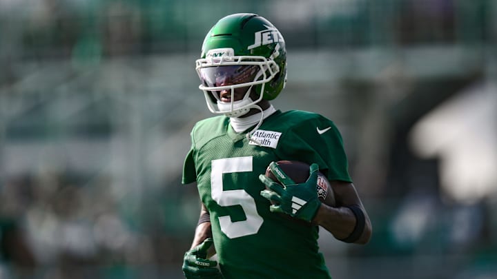 Jul 25, 2025; Florham Park, NJ, USA; New York Jets wide receiver Garrett Wilson (5) participates in a drill during training camp at Atlantic Health Jets Training Center. Mandatory Credit: John Jones-Imagn Images