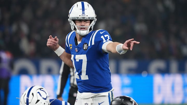 Nov 9, 2025; Berlin, Germany; Indianapolis Colts quarterback Daniel Jones (17) gestures before a snap against the Atlanta Falcons during the NFL Berlin Game at Olympic Stadium. Mandatory Credit: Kirby Lee-Imagn Images
