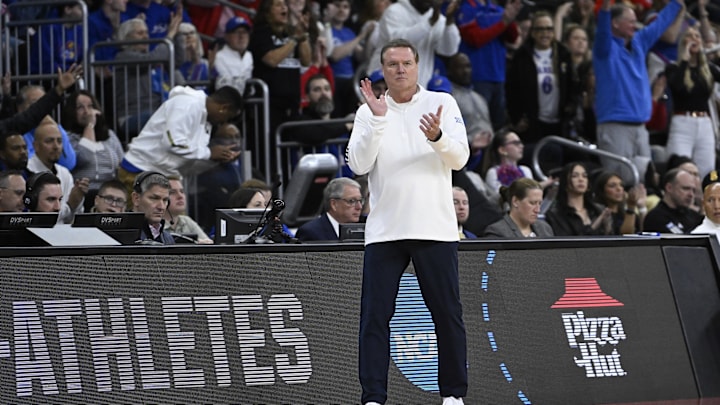 Mar 20, 2025; Providence, RI, USA; Kansas Jayhawks head coach Bill Self reacts during the first half against the Arkansas Razorbacks at Amica Mutual Pavilion. Mandatory Credit: Eric Canha-Imagn Images Mar 20, 2025; Providence, RI, USA; Kansas Jayhawks head coach Bill Self reacts during the first half against the Arkansas Razorbacks at Amica Mutual Pavilion. Mandatory Credit: Eric Canha-Imagn Images