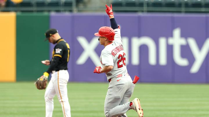 Apr 30, 2026; Pittsburgh, Pennsylvania, USA;  St. Louis Cardinals second baseman JJ Wetherholt (26) gestures as he circles the bases on a leadoff solo home run against the Pittsburgh Pirates during the first inning at PNC Park. Mandatory Credit: Charles LeClaire-Imagn Images