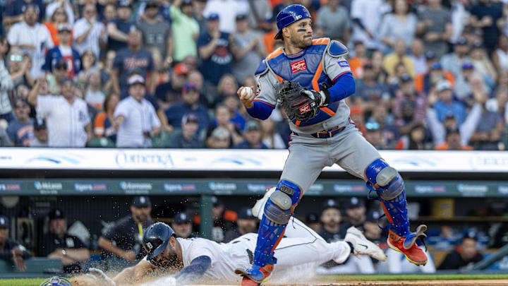 Sep 2, 2025; Detroit, Michigan, USA; New York Mets catcher Luis Torrens (13) catches the ball as Detroit Tigers outfielder Riley Greene (31) scores  at Comerica Park. Mandatory Credit: David Reginek-Imagn Images