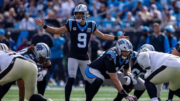 Nov 3, 2024; Charlotte, North Carolina, USA; Carolina Panthers quarterback Bryce Young (9) changes the play during the second quarter against the New Orleans Saints at Bank of America Stadium. Mandatory Credit: Scott Kinser-Imagn Images
