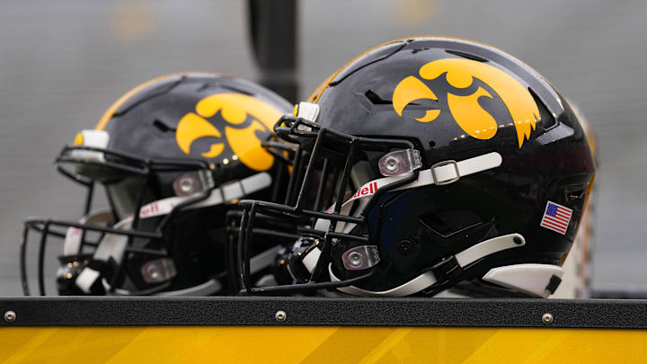 Oct 14, 2023; Madison, Wisconsin, USA; General view of Iowa Hawkeyes helmets prior to the game against the Wisconsin Badgers at Camp Randall Stadium. Mandatory Credit: Jeff Hanisch-Imagn Images Oct 14, 2023; Madison, Wisconsin, USA; General view of Iowa Hawkeyes helmets prior to the game against the Wisconsin Badgers at Camp Randall Stadium. Mandatory Credit: Jeff Hanisch-Imagn Images