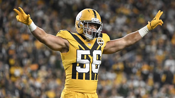 Oct 26, 2025; Pittsburgh, Pennsylvania, USA; Pittsburgh Steelers linebacker Alex Highsmith (56) celebrates a stop on third down against the Green Bay Packers during the second quarter at Acrisure Stadium. Mandatory Credit: Barry Reeger-Imagn Images