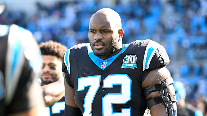 Dec 22, 2024; Charlotte, North Carolina, USA; Carolina Panthers offensive tackle Taylor Moton (72) on the sidelines before the game at Bank of America Stadium. Mandatory Credit: Bob Donnan-Imagn Images Dec 22, 2024; Charlotte, North Carolina, USA; Carolina Panthers offensive tackle Taylor Moton (72) on the sidelines before the game at Bank of America Stadium. Mandatory Credit: Bob Donnan-Imagn Images