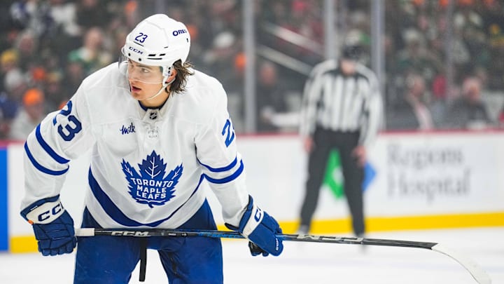 Nov 3, 2024; Saint Paul, Minnesota, USA; Toronto Maple Leafs left wing Matthew Knies (23) during a game between the Minnesota Wild and Toronto Maple Leafs at Xcel Energy Center. Mandatory Credit: Brace Hemmelgarn-Imagn Images Nov 3, 2024; Saint Paul, Minnesota, USA; Toronto Maple Leafs left wing Matthew Knies (23) during a game between the Minnesota Wild and Toronto Maple Leafs at Xcel Energy Center. Mandatory Credit: Brace Hemmelgarn-Imagn Images
