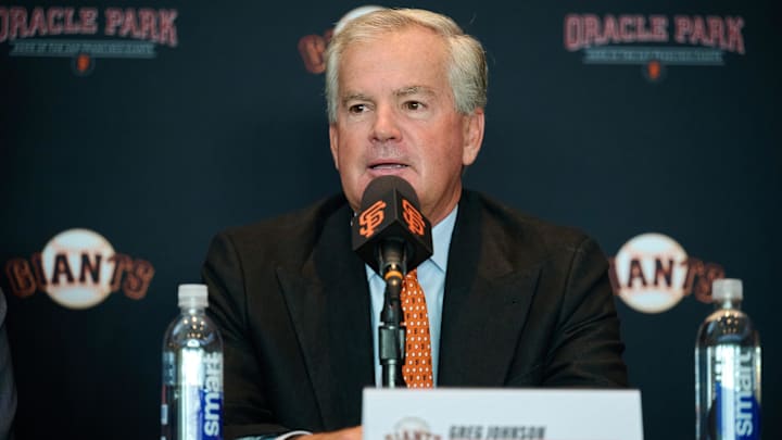 Oct 1, 2024; San Francisco, CA, USA; San Francisco Giants chairman Greg Johnson addresses the media during a press conference at Oracle Park.  